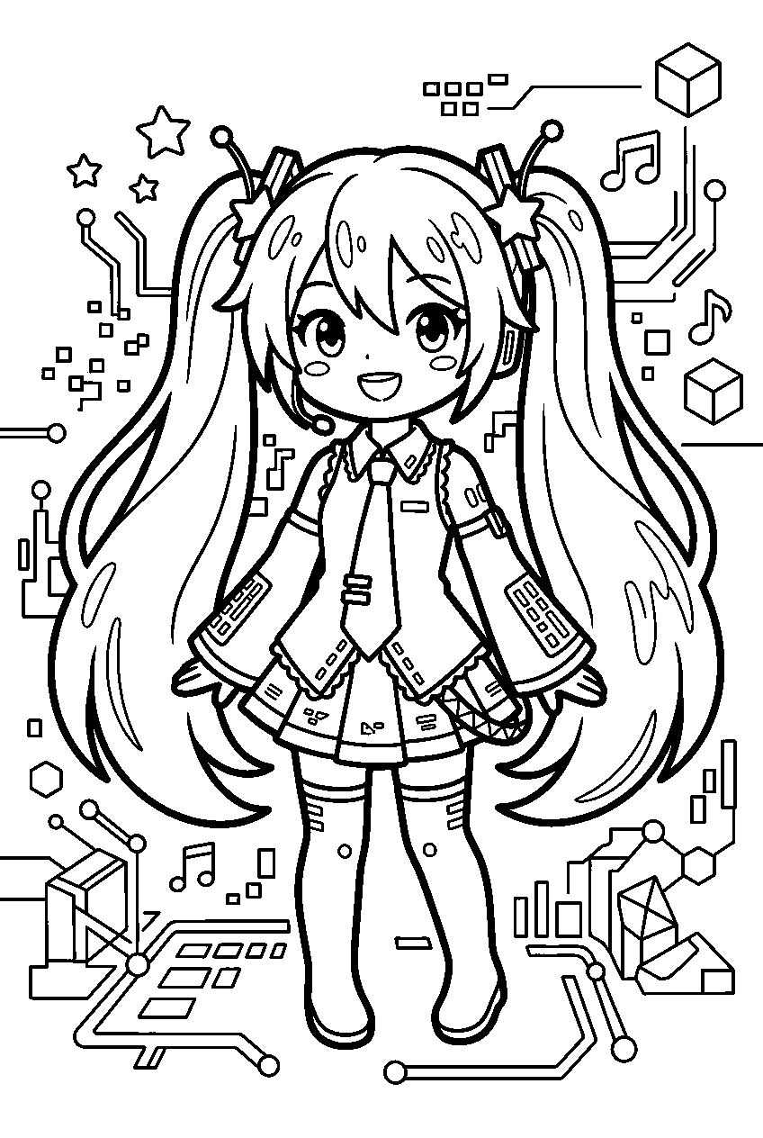 hatsune miku in digital world line art