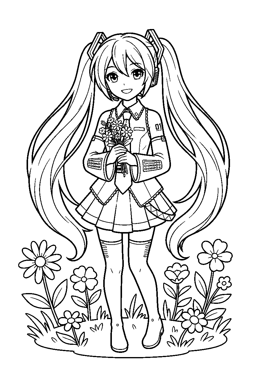 hatsune miku in flower meadow line art