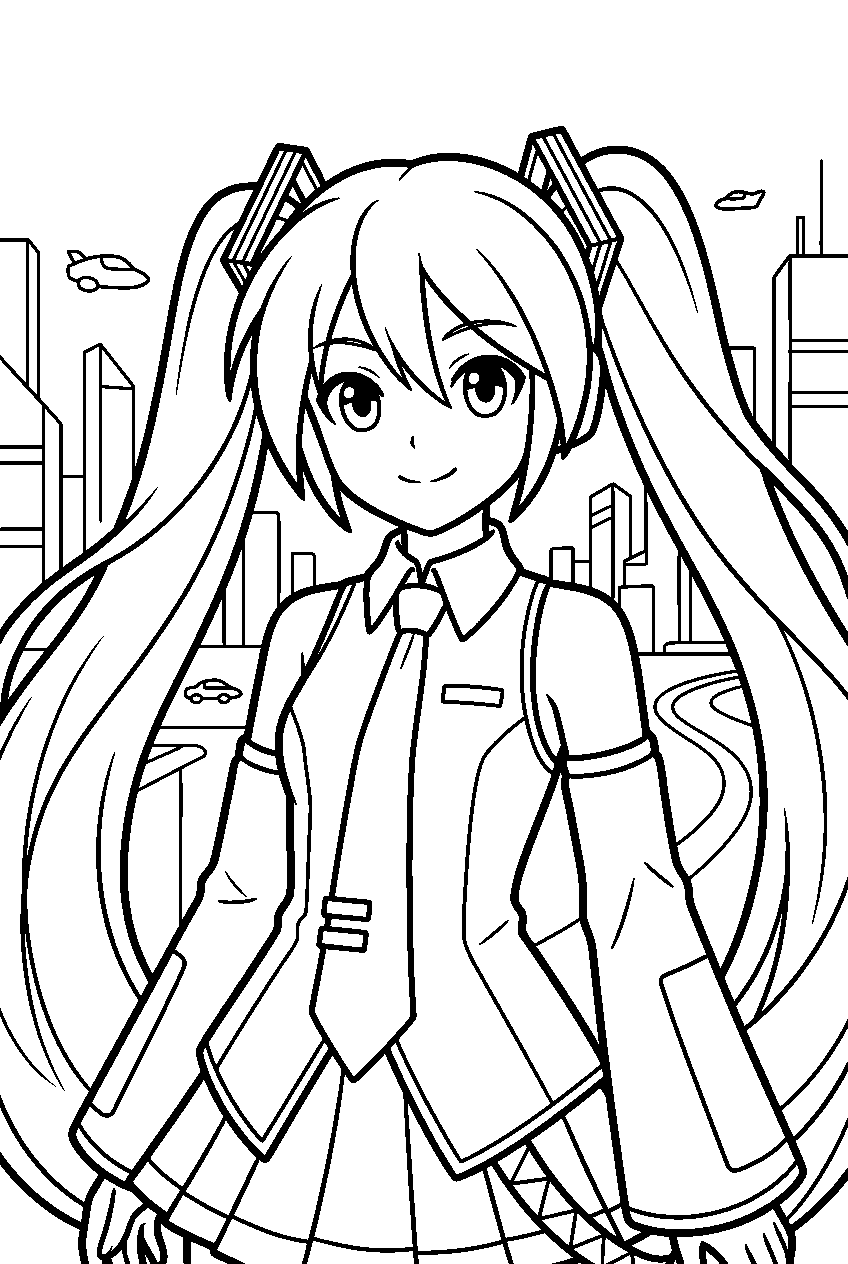 hatsune miku in futuristic city line art
