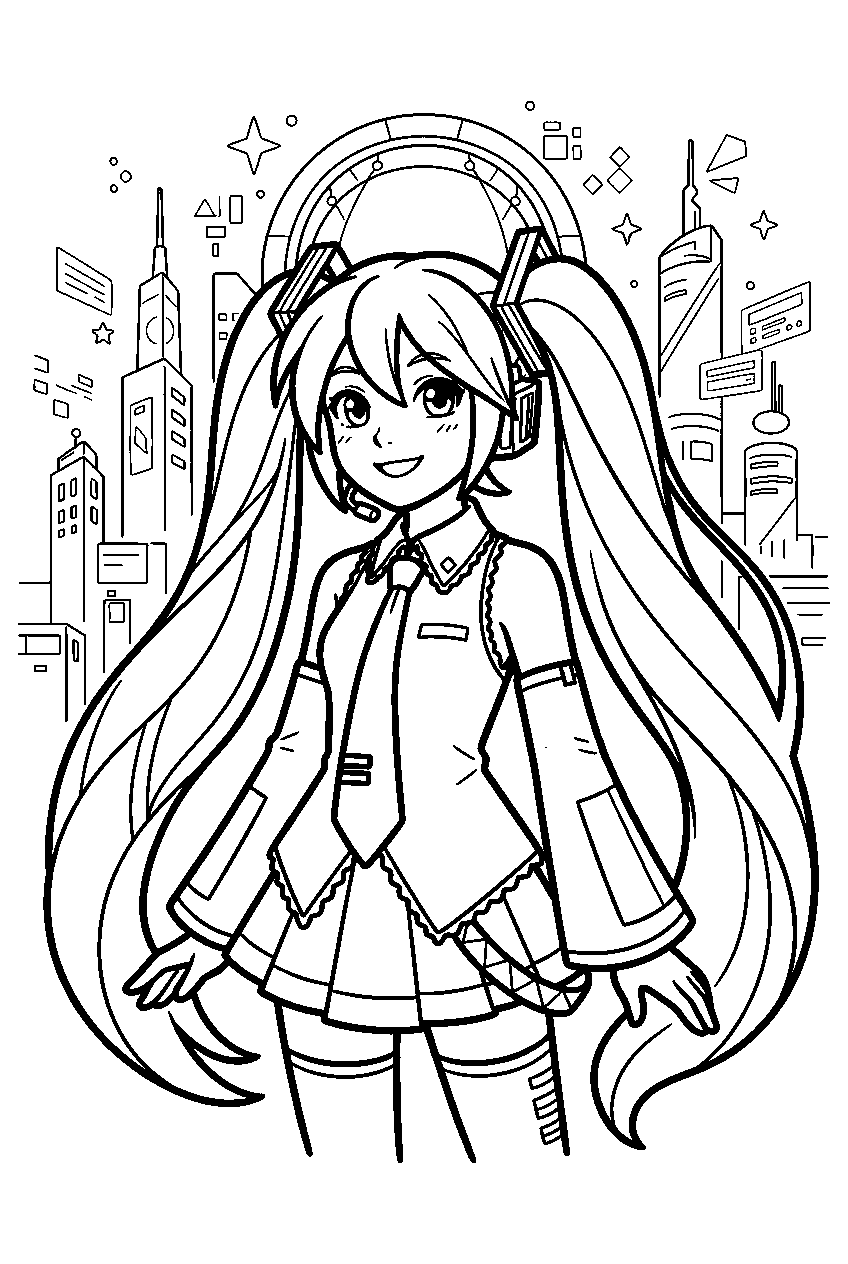 hatsune miku in hologram city line art
