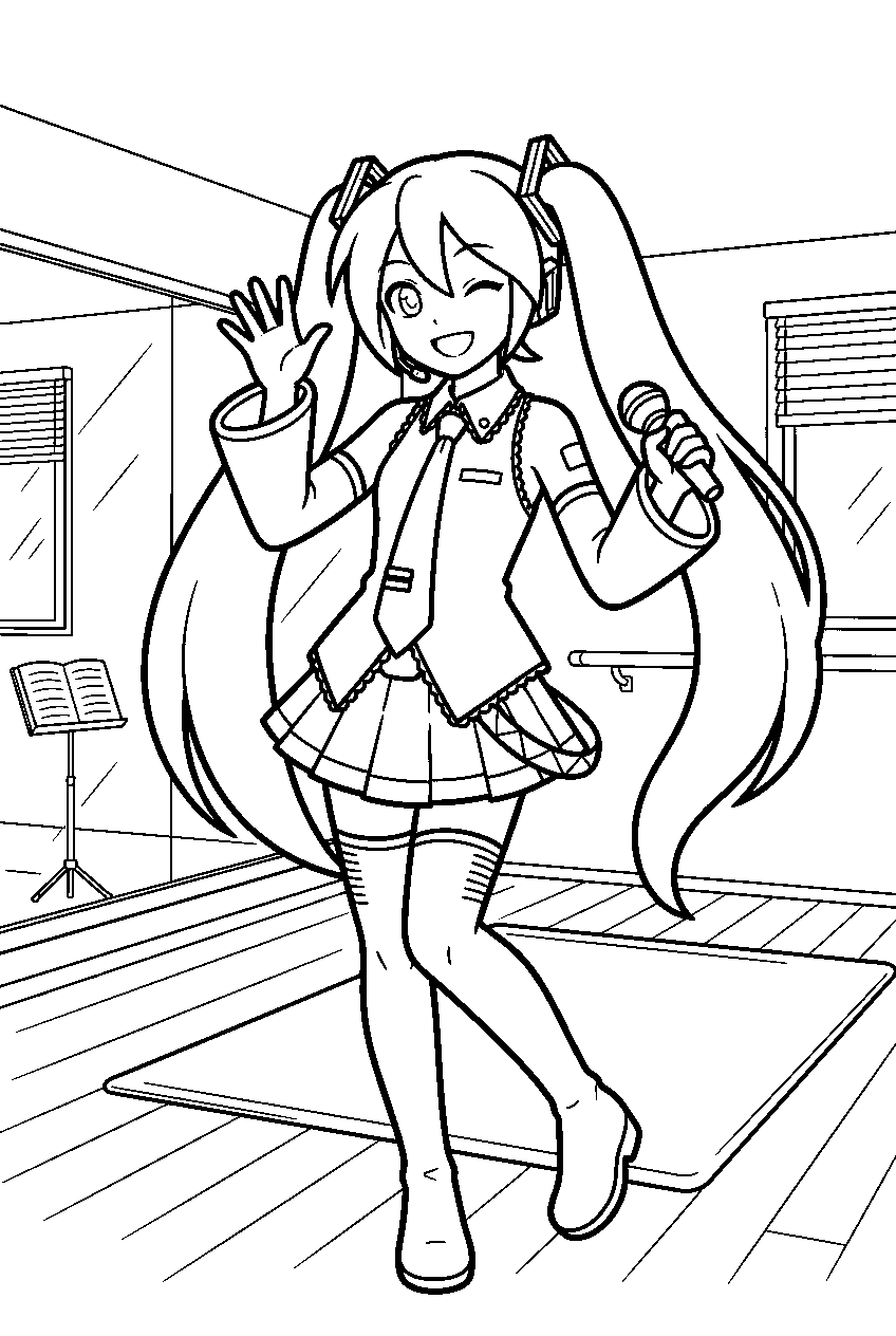hatsune miku in idol training room line art
