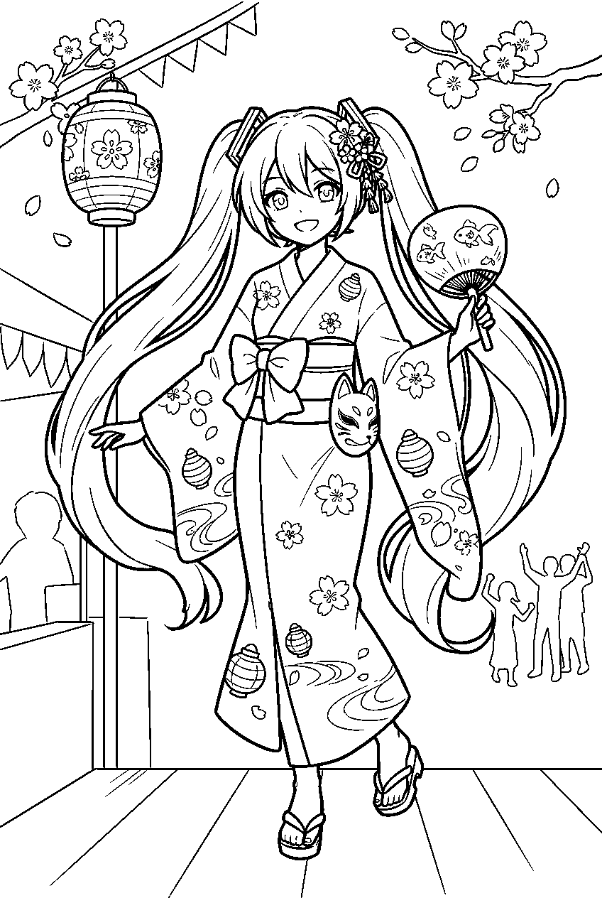 hatsune miku in japanese festival line art