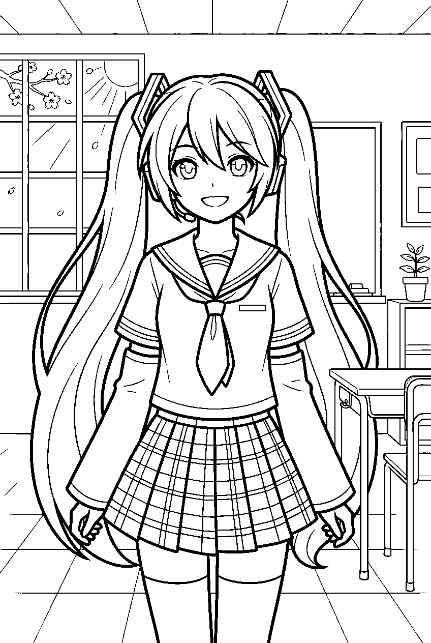 hatsune miku in japanese school classroom line art