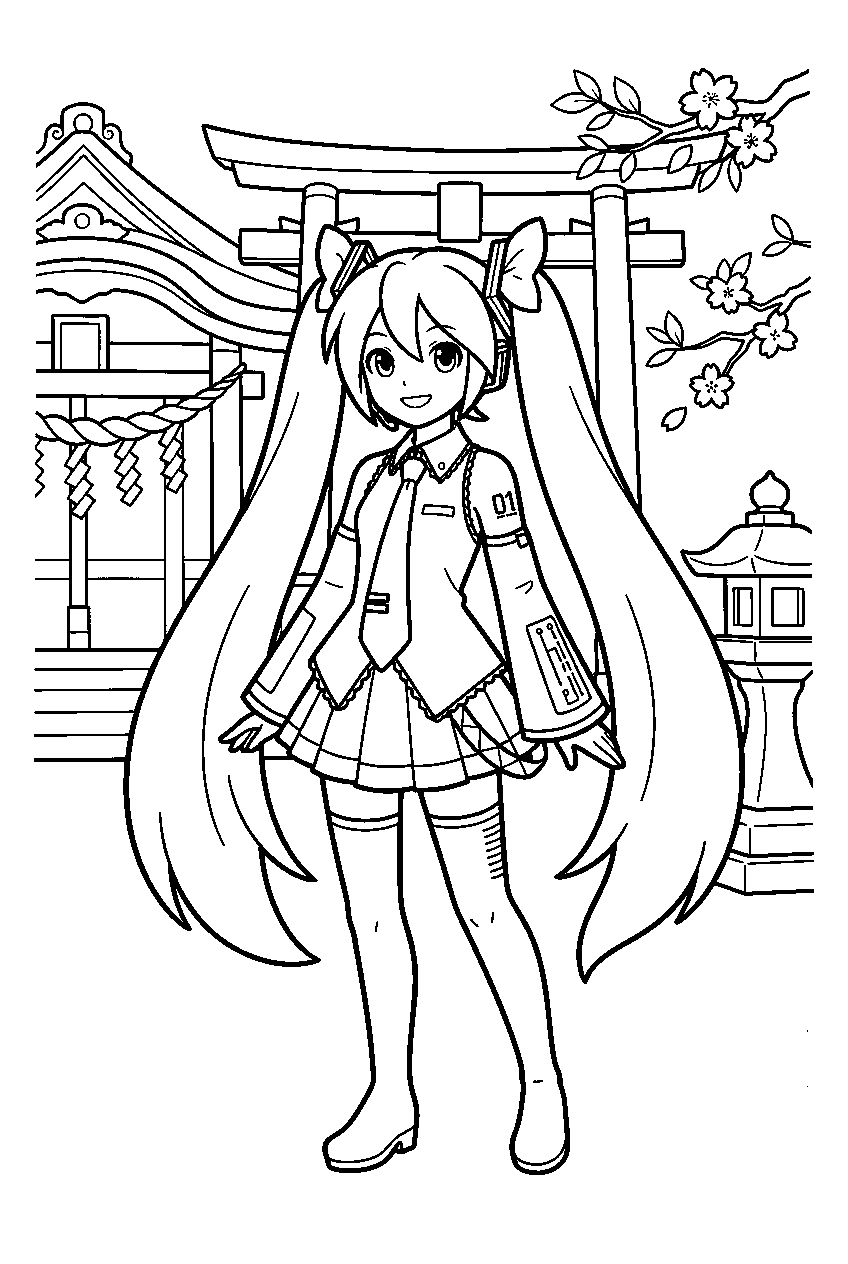 hatsune miku in japanese shrine line art