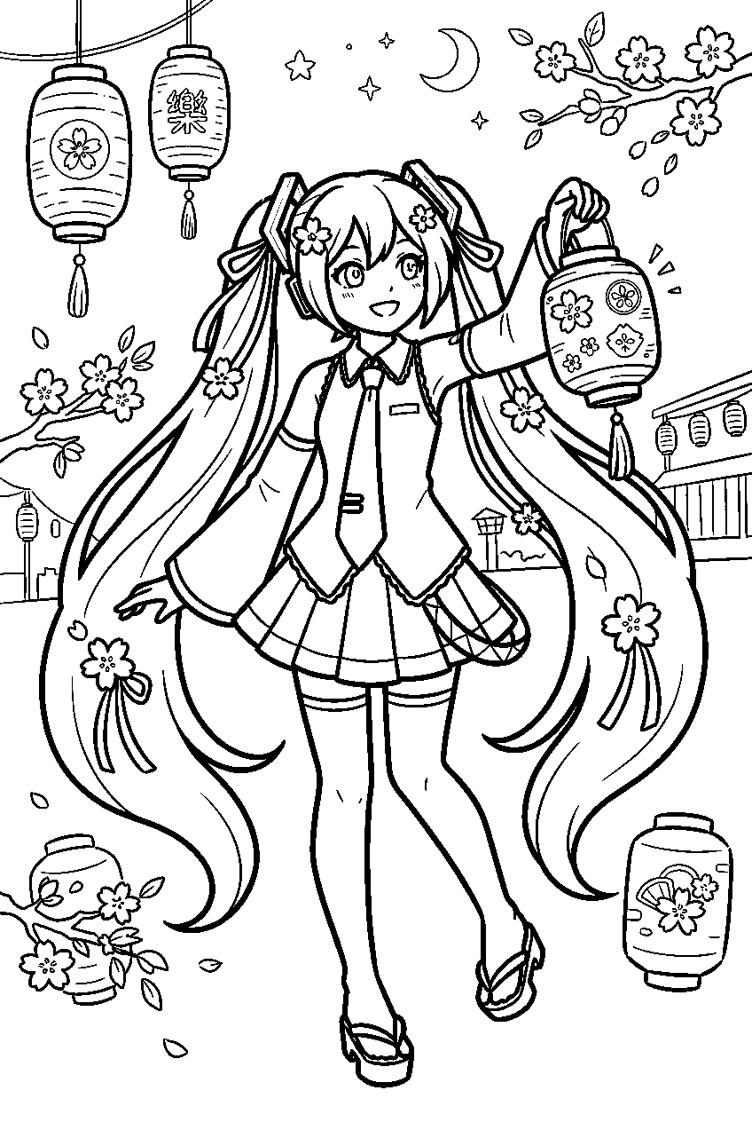 hatsune miku in lantern festival line art