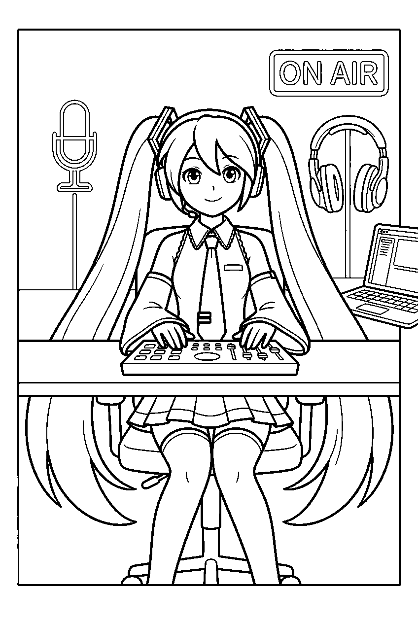 hatsune miku in live streaming studio line art