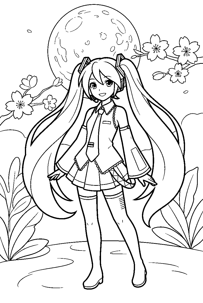 hatsune miku in moonlit garden line art