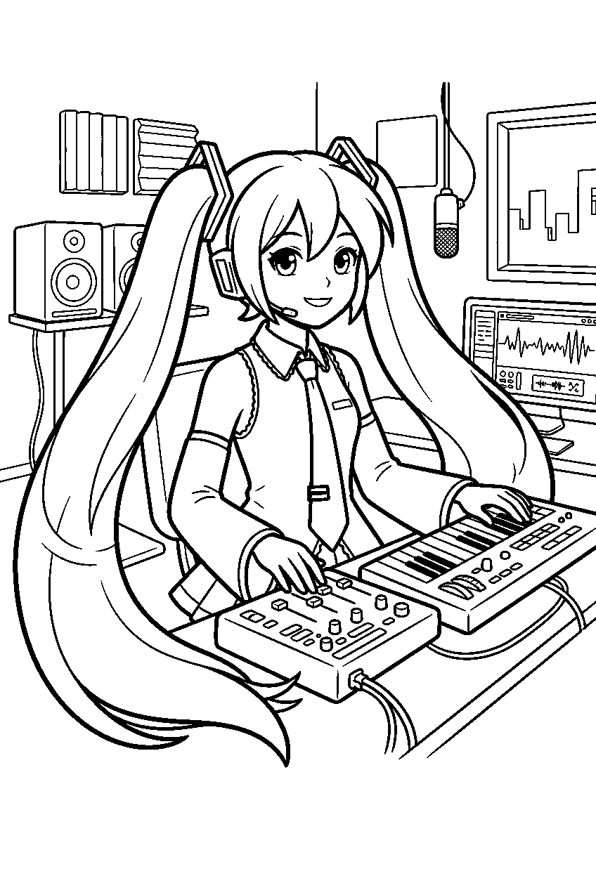 hatsune miku in music production studio line art