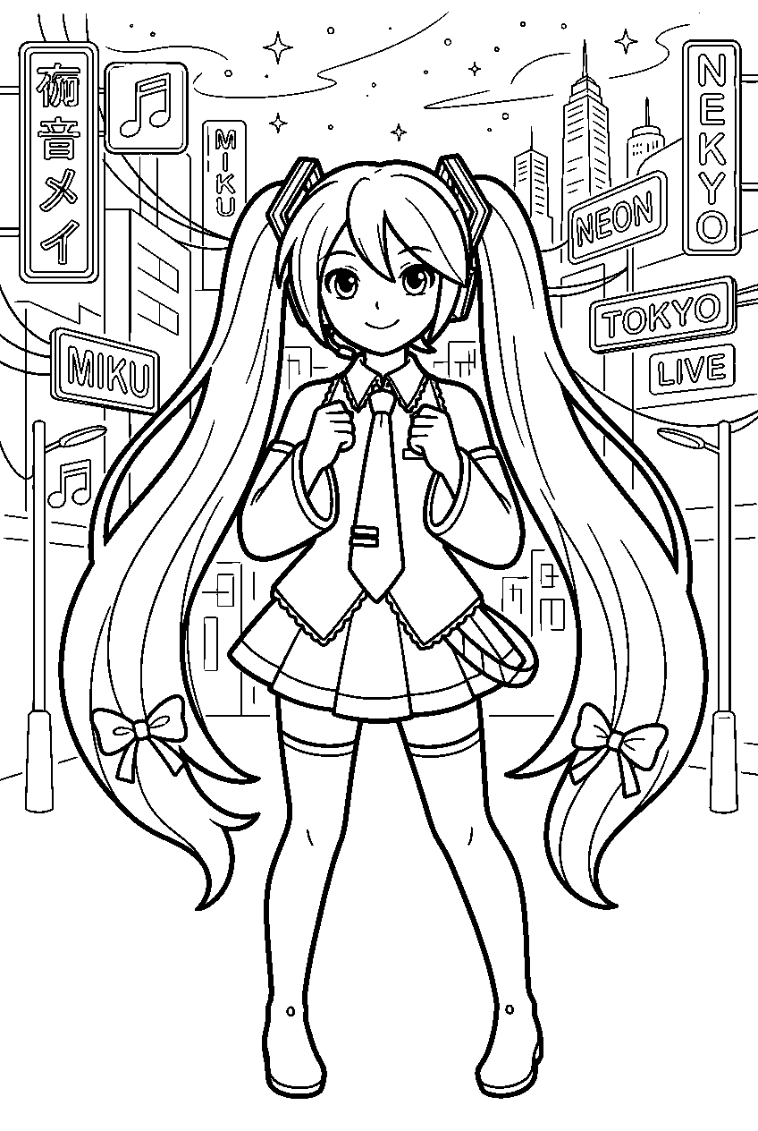 hatsune miku in neon city line art