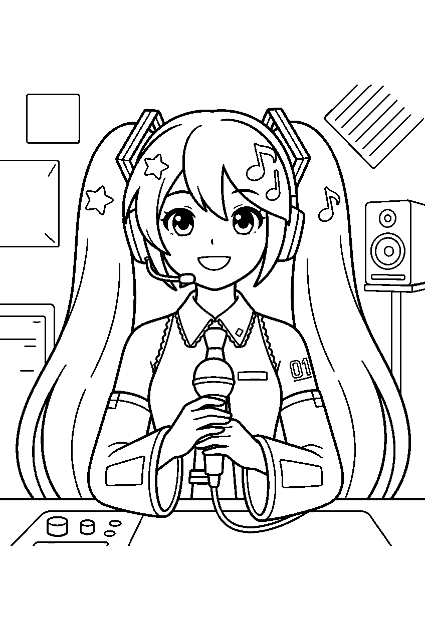 hatsune miku in recording studio line art