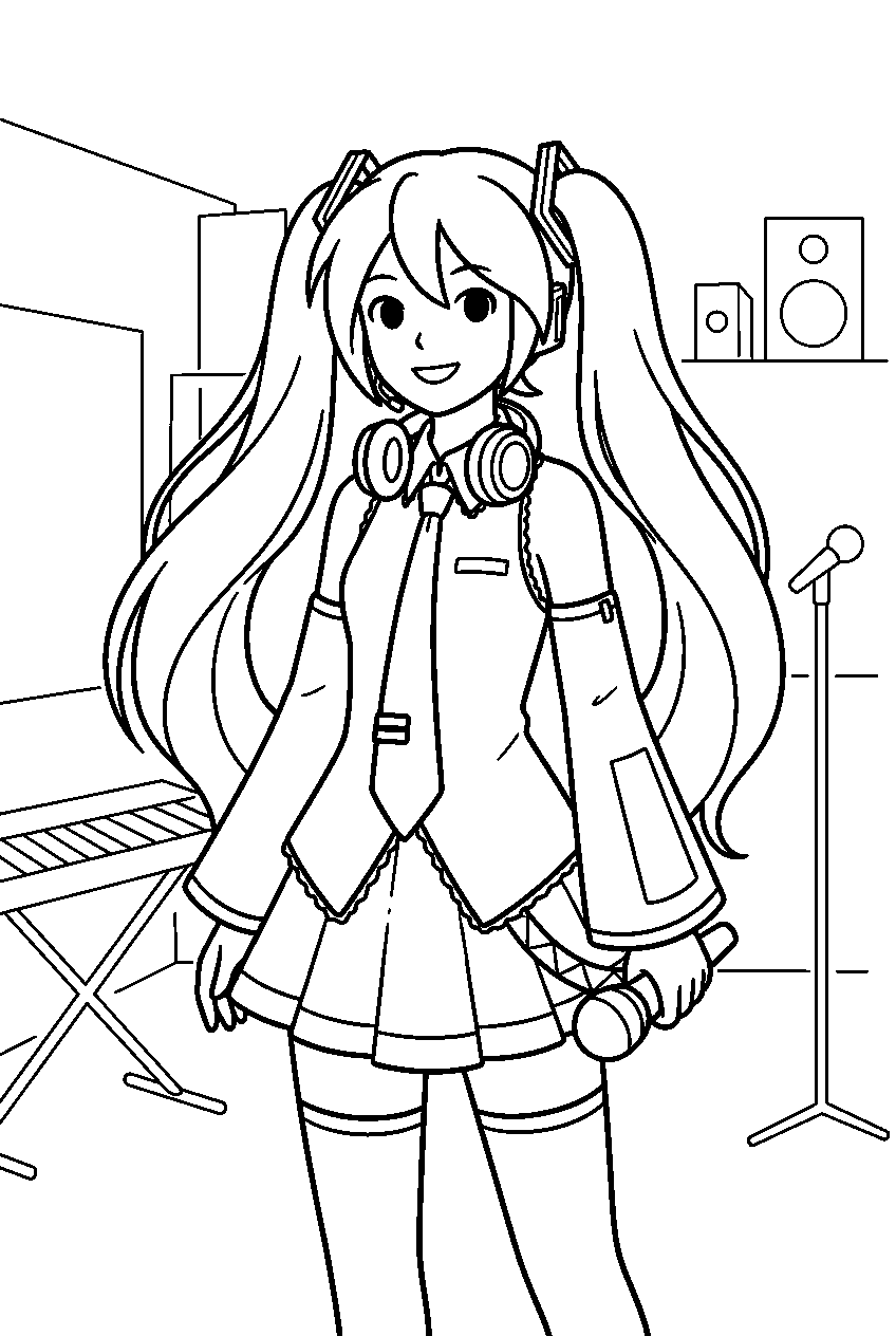hatsune miku in rehearsal studio line art