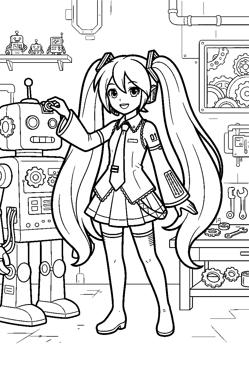 hatsune miku in robot workshop line art