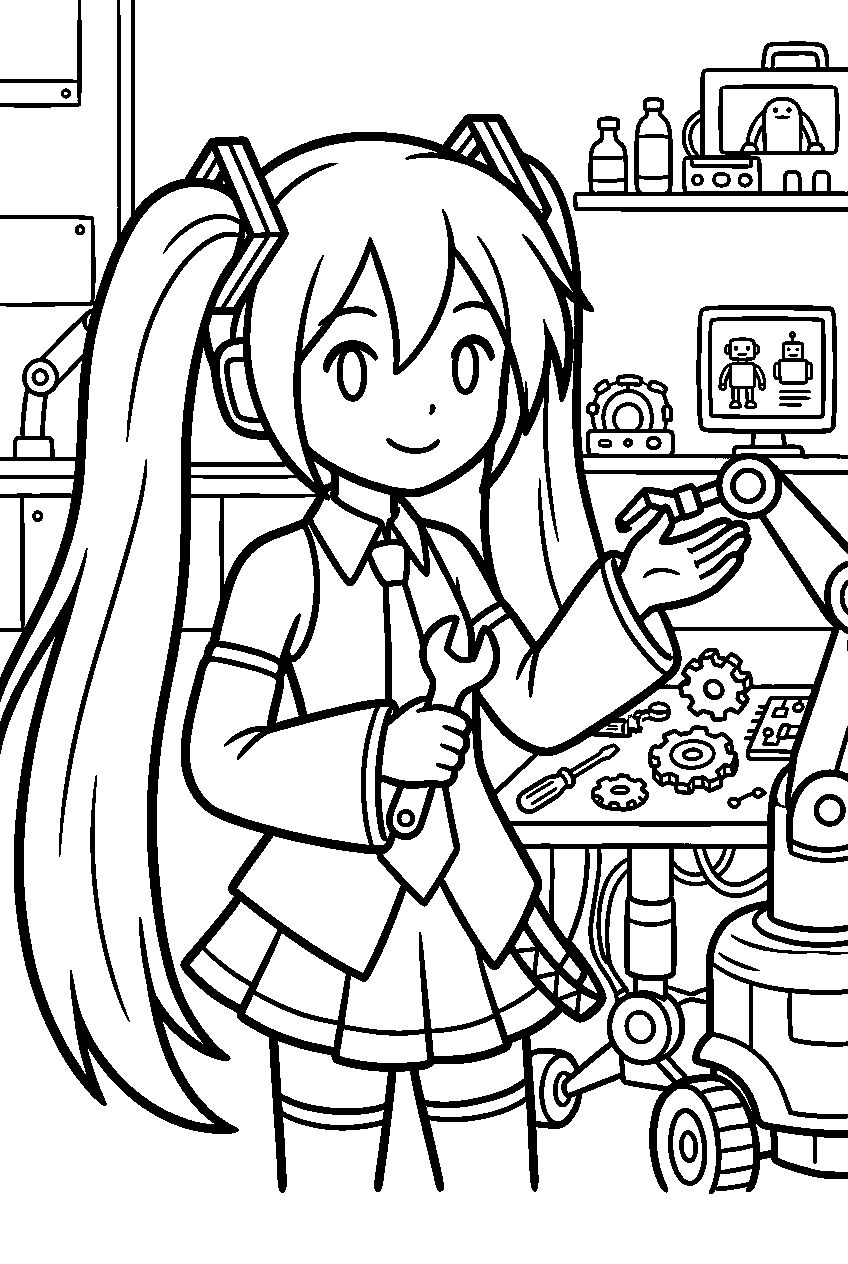hatsune miku in robotics laboratory line art