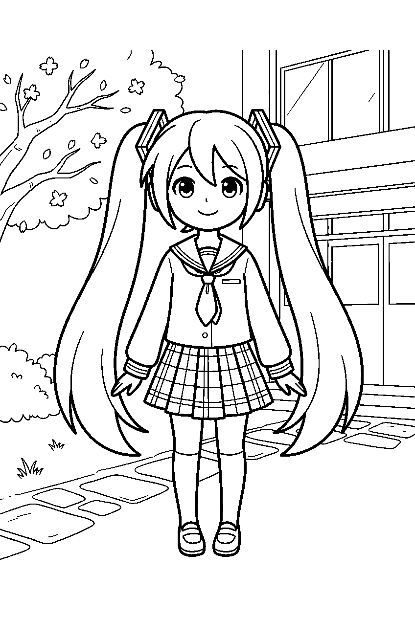 hatsune miku in school courtyard line art