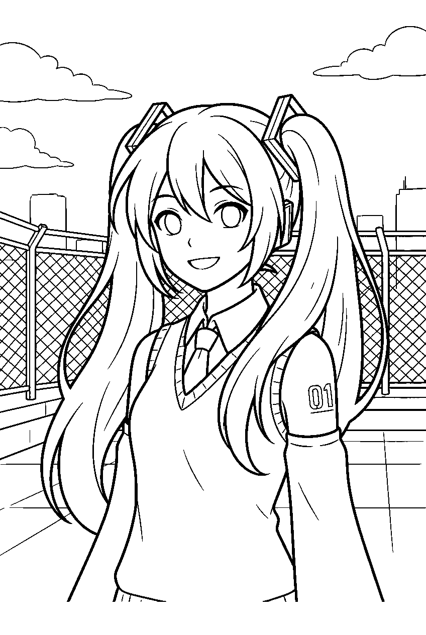 hatsune miku in school rooftop line art