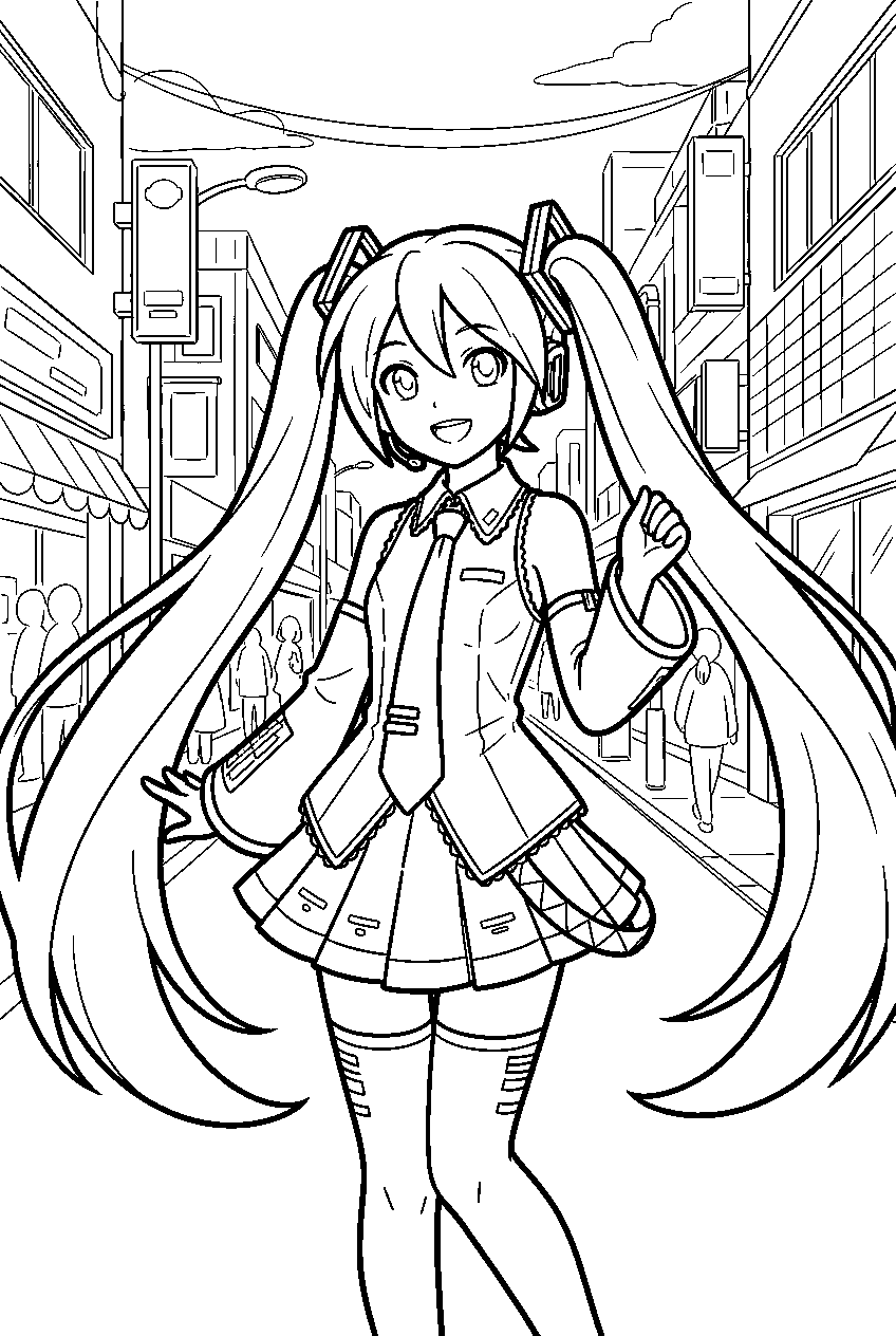 hatsune miku in shopping district line art