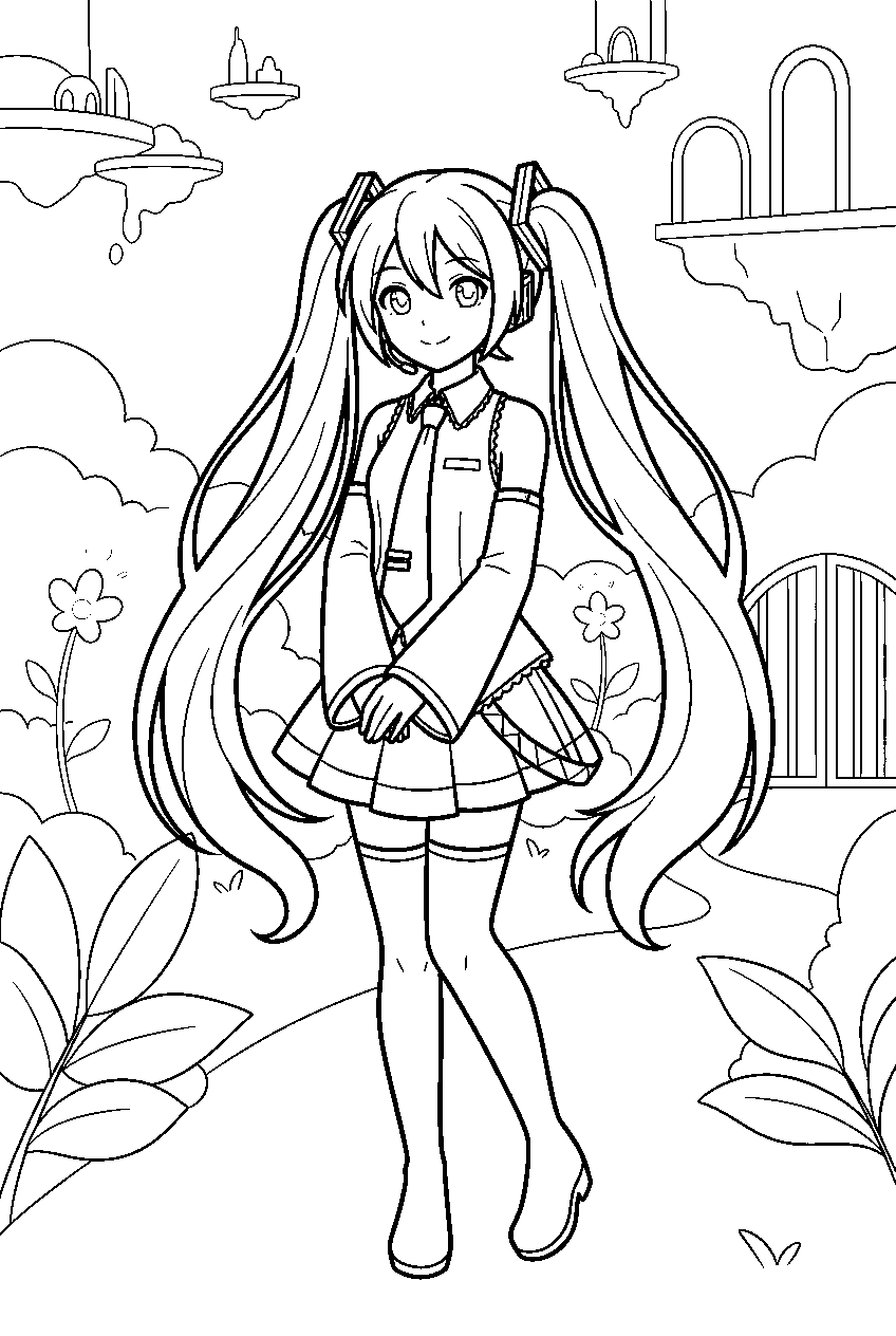 hatsune miku in sky garden line art