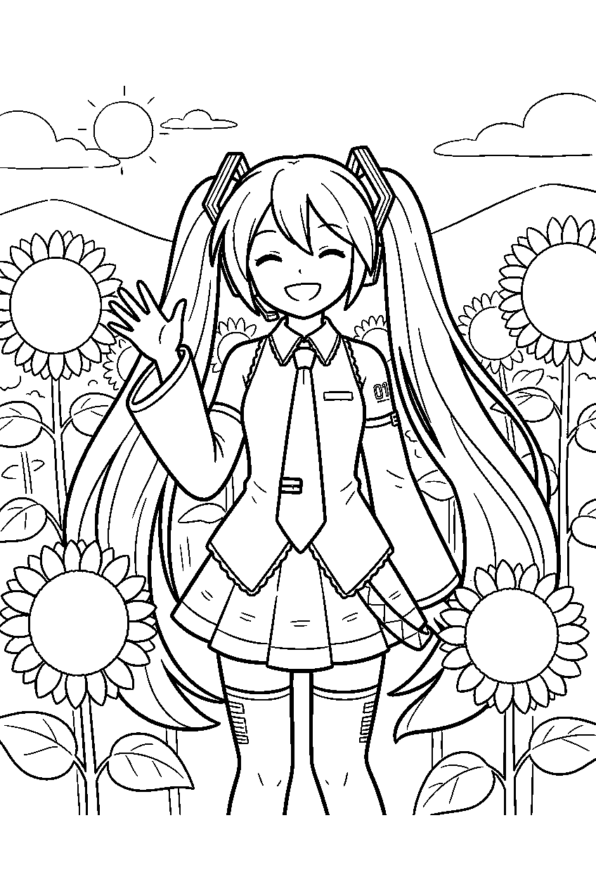 hatsune miku in sunflower field line art