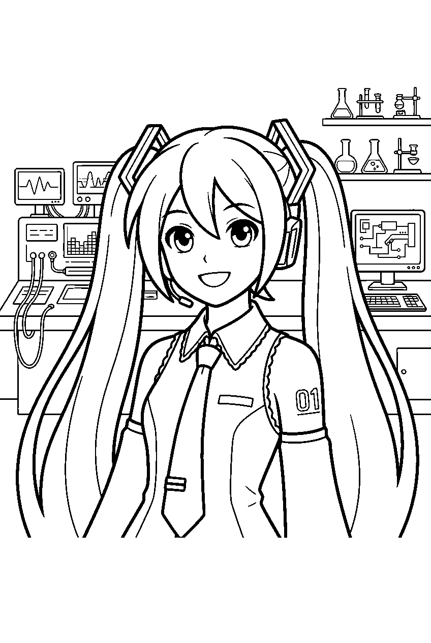 hatsune miku in technology laboratory line art