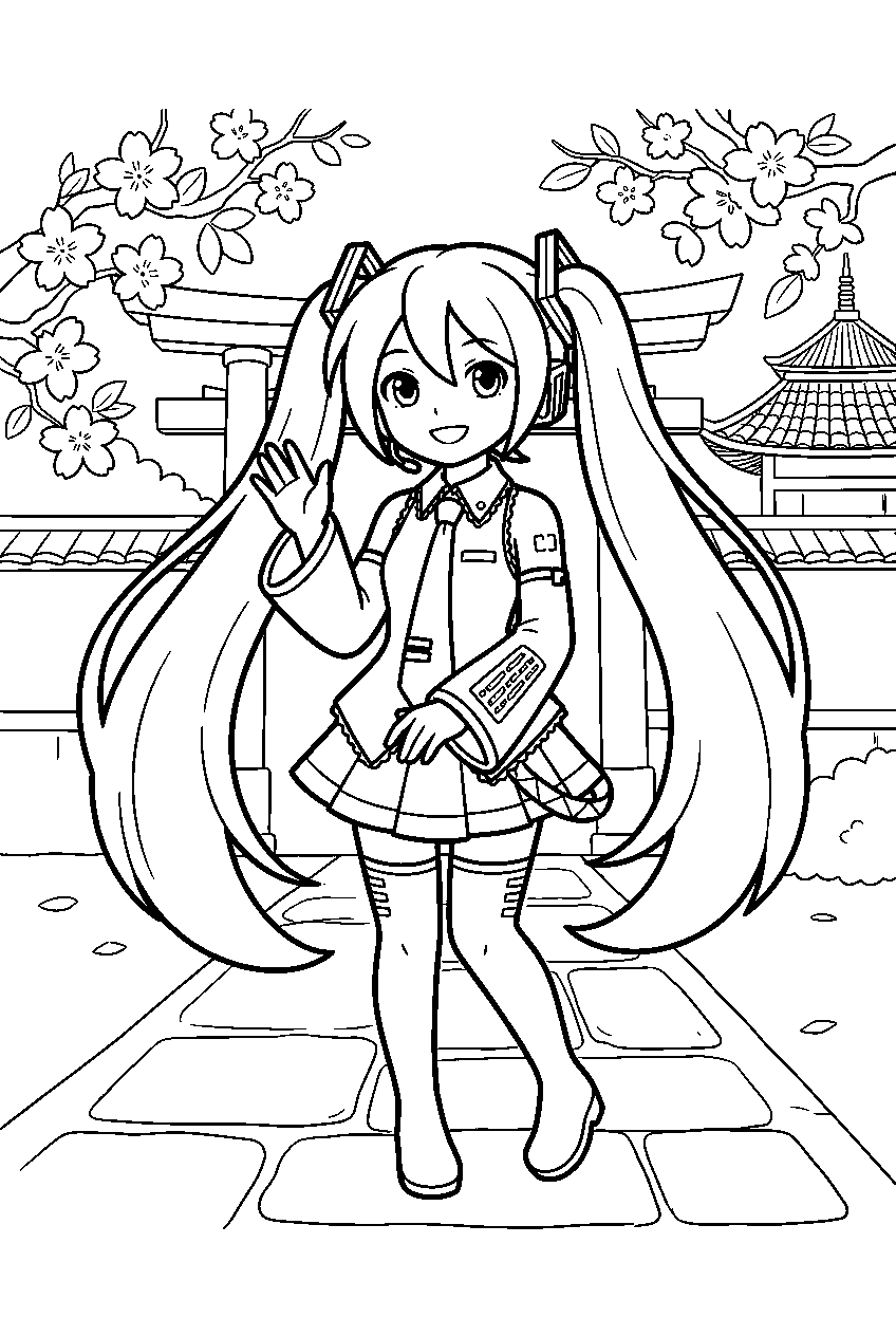 hatsune miku in temple courtyard line art