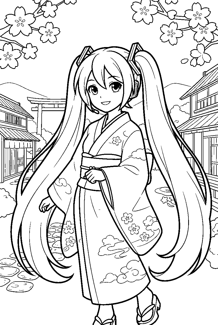 hatsune miku in traditional japanese village line art