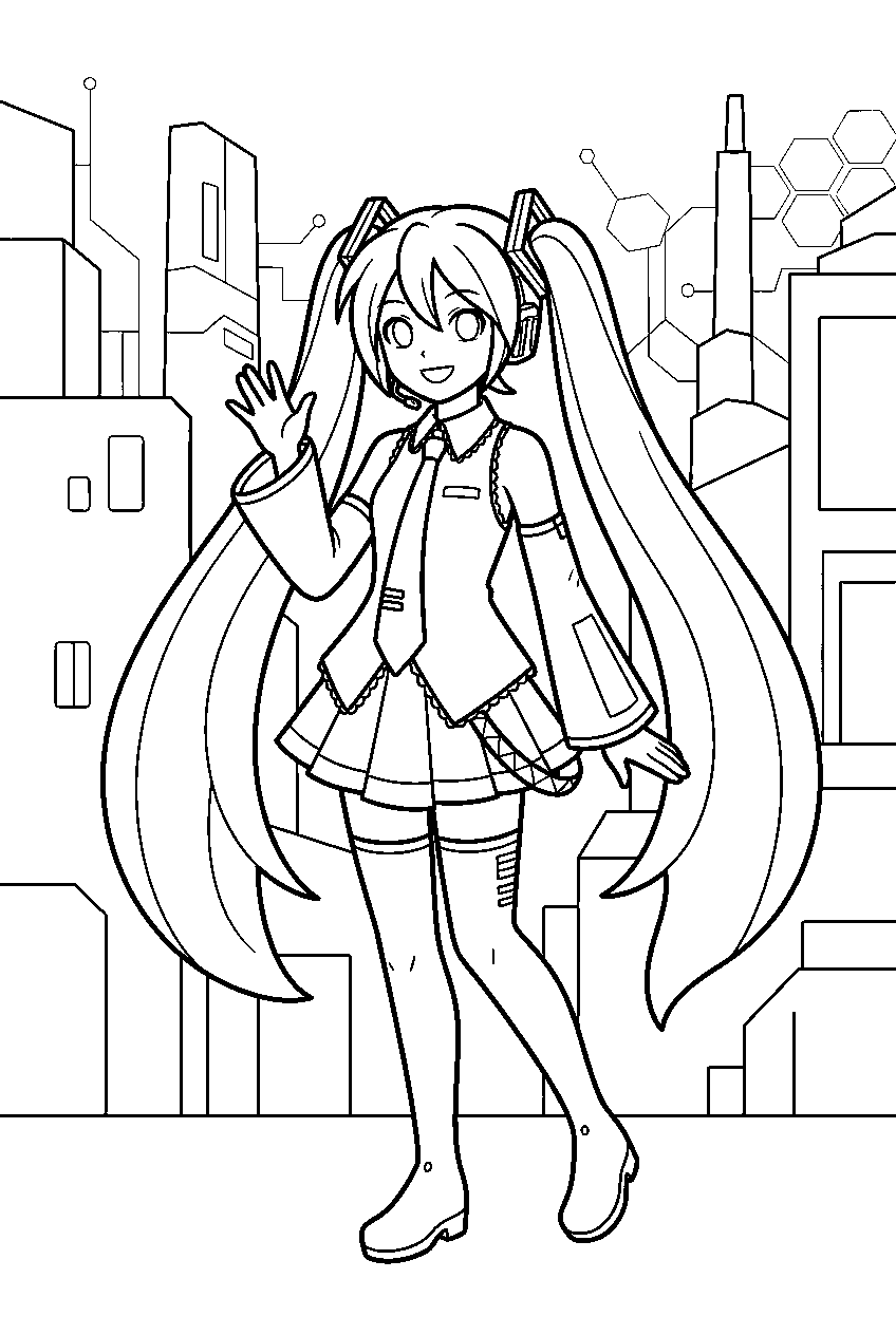 hatsune miku in virtual city line art