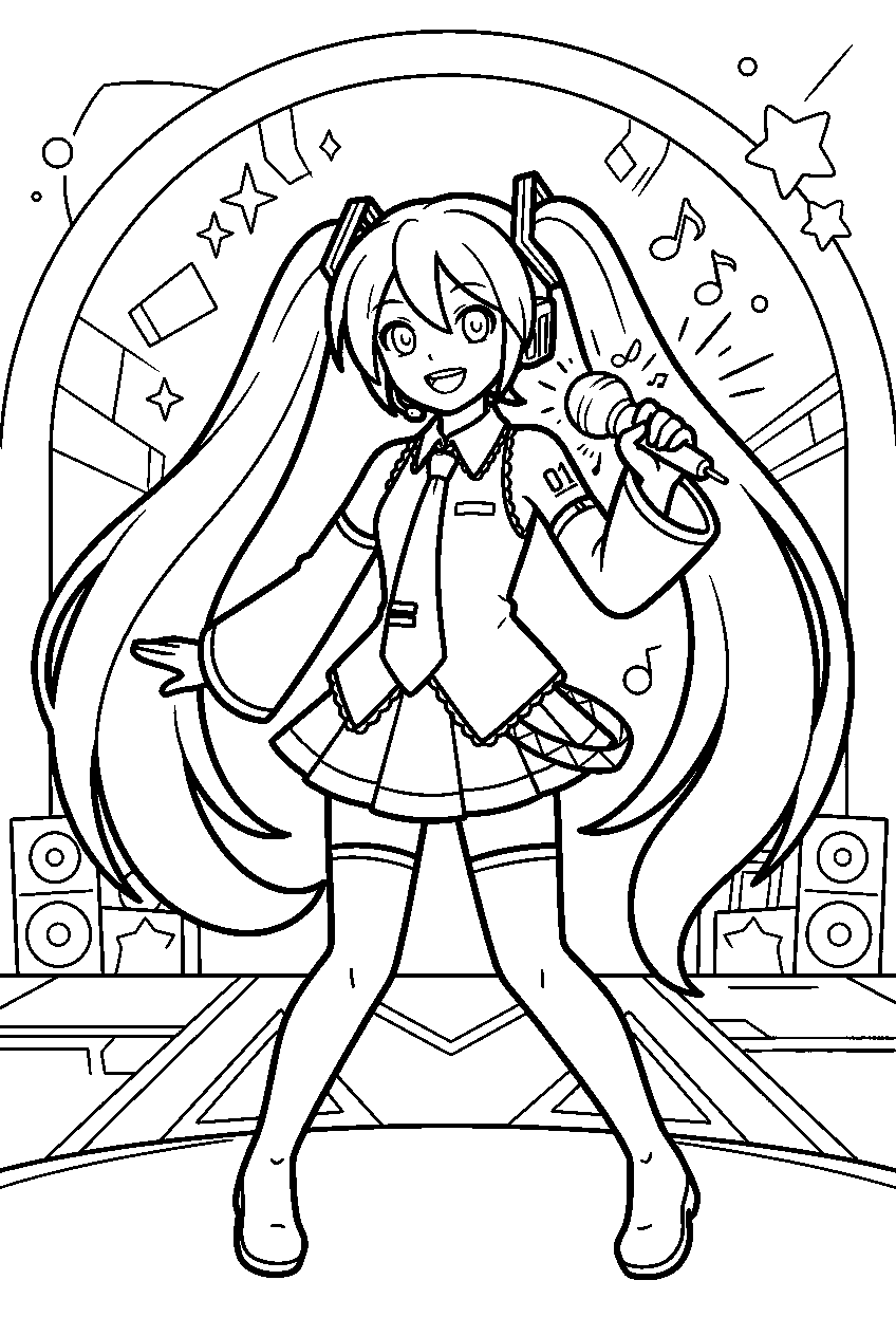 hatsune miku in virtual performance stage line art