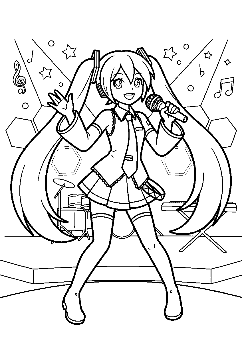 hatsune miku in virtual stage line art