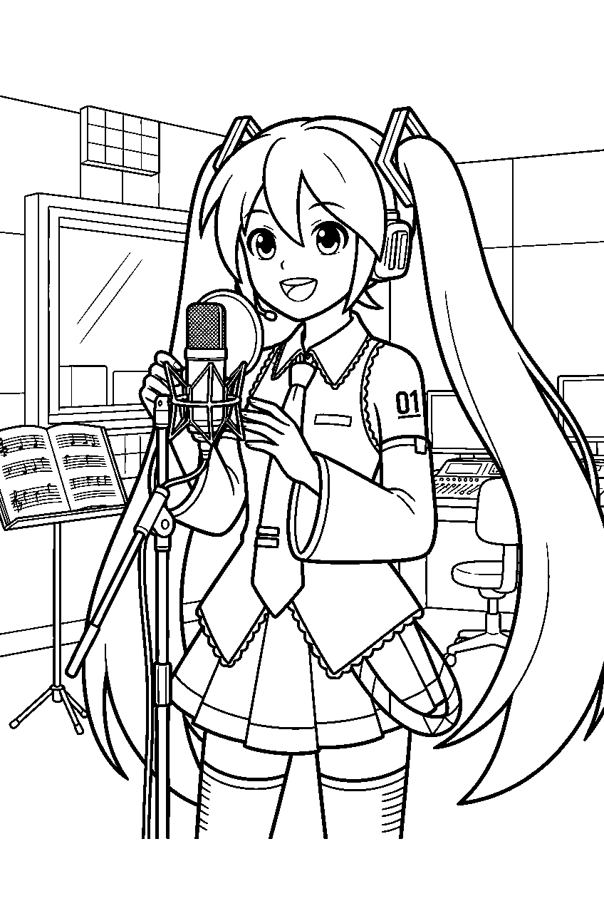 hatsune miku in vocal studio line art