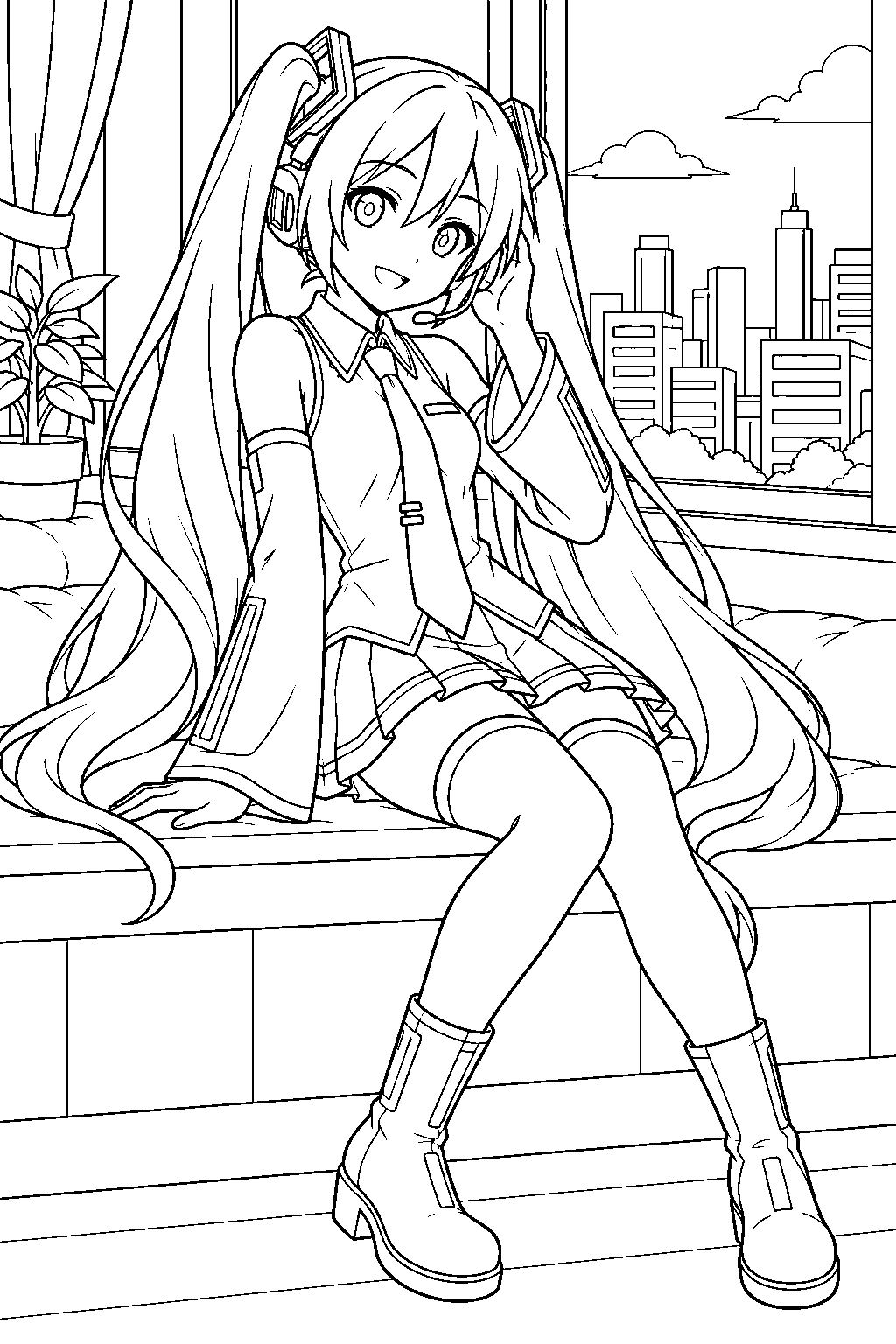 hatsune miku listening to music through her headset beside a window overlooking the city line art