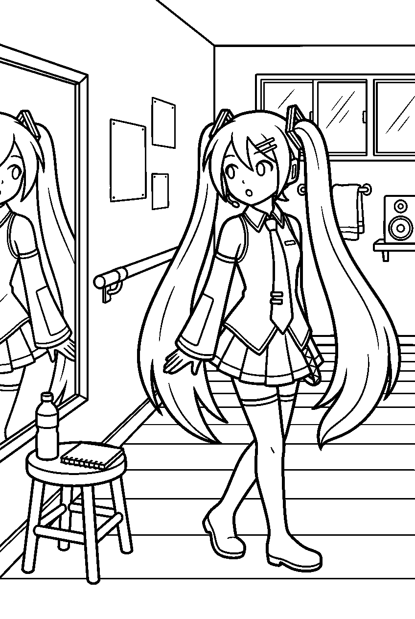 hatsune miku looking around in idol training room line art