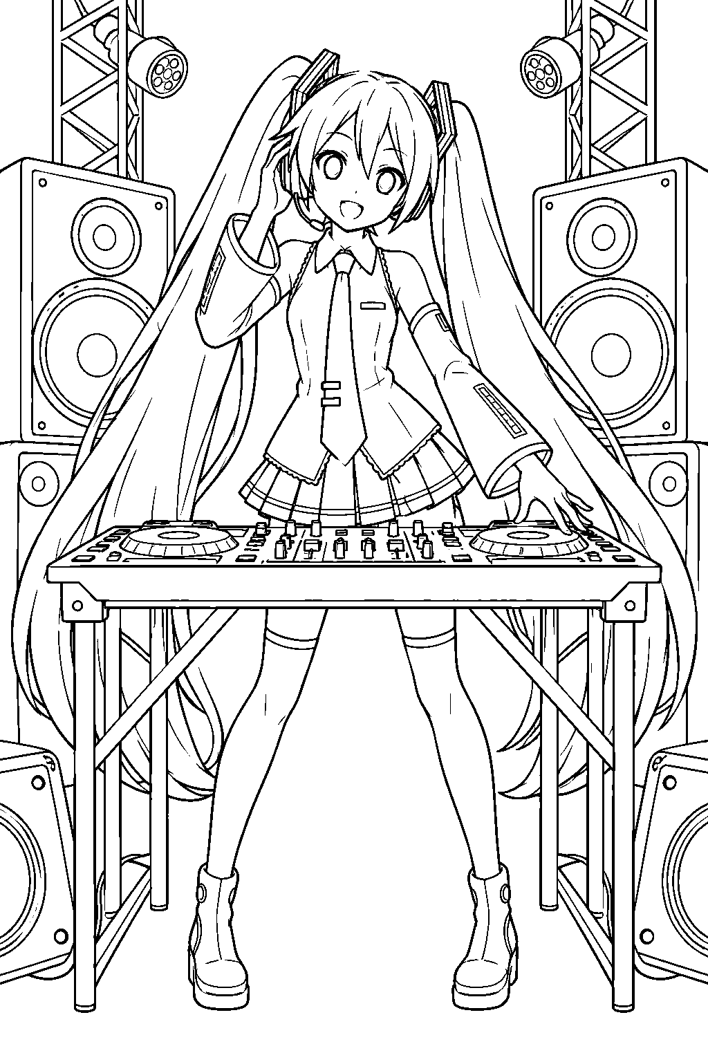 hatsune miku mixing music at a dj console surrounded by concert speakers line art