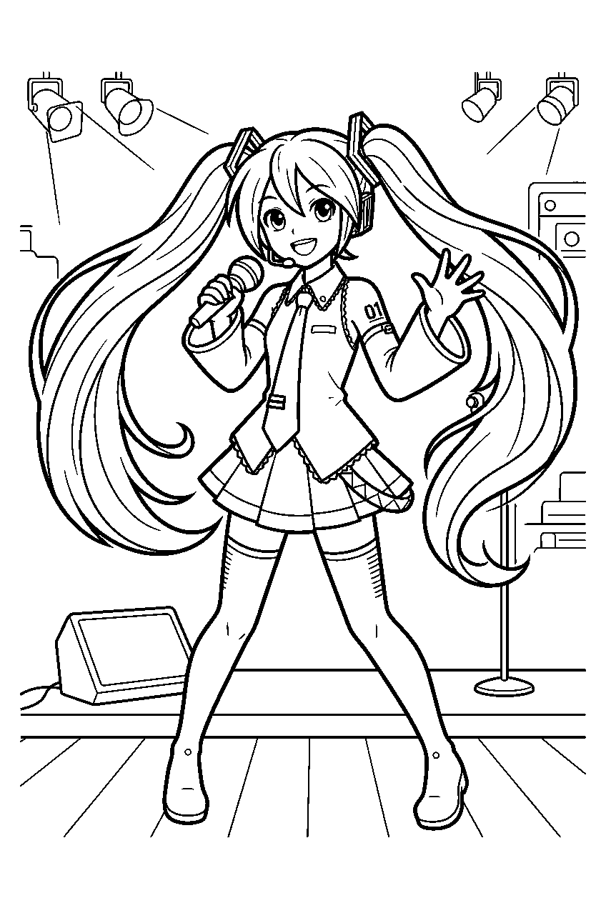 hatsune miku on concert stage line art