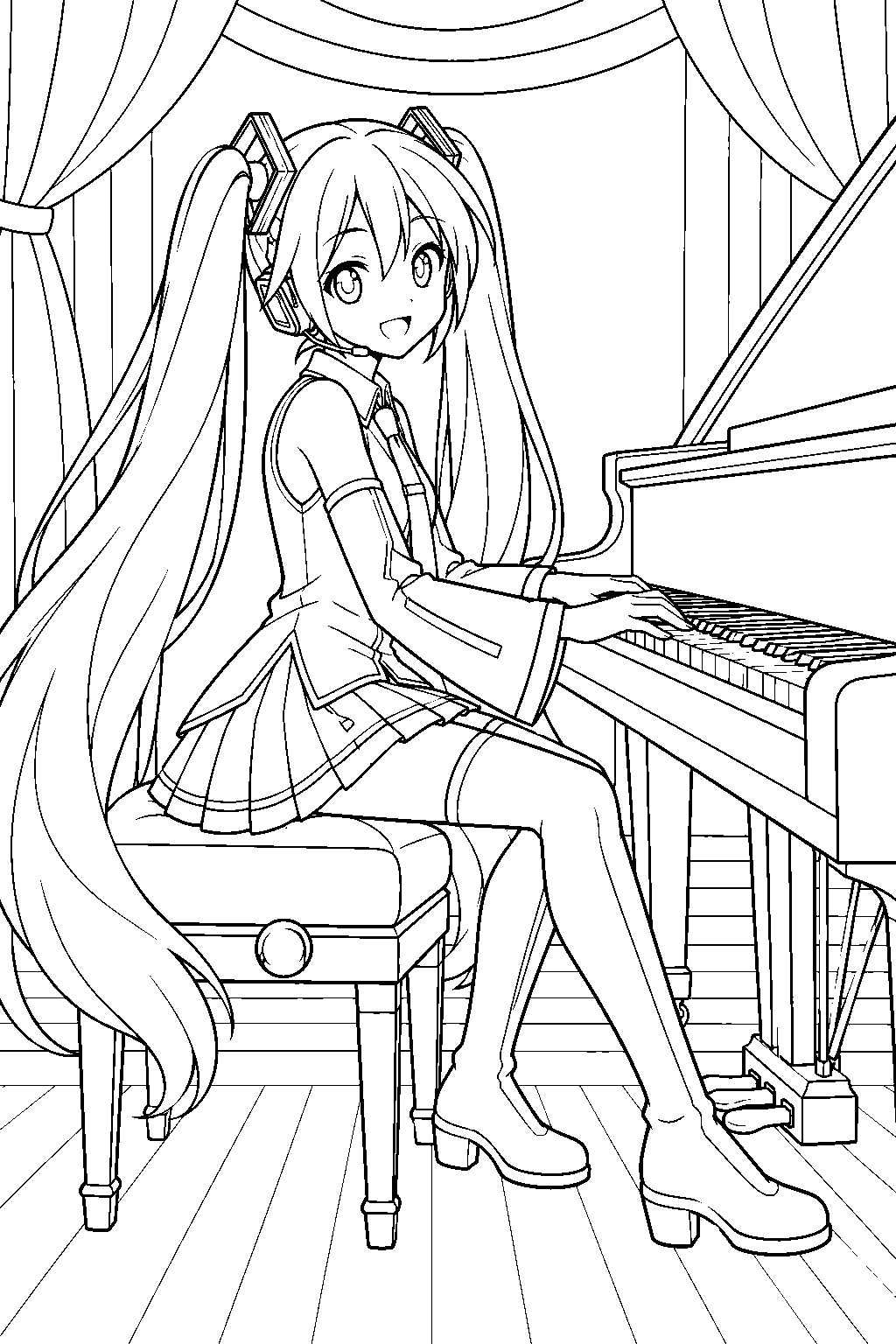 hatsune miku playing a grand piano on a recital stage line art
