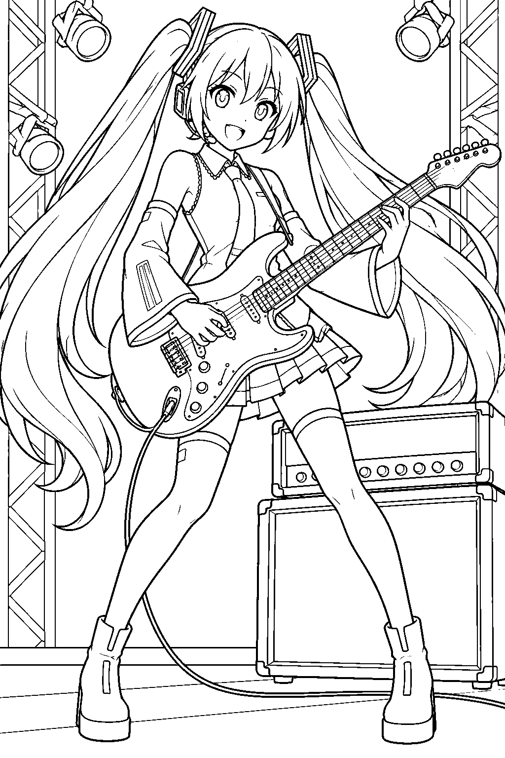hatsune miku playing an electric guitar beside a concert amplifier line art