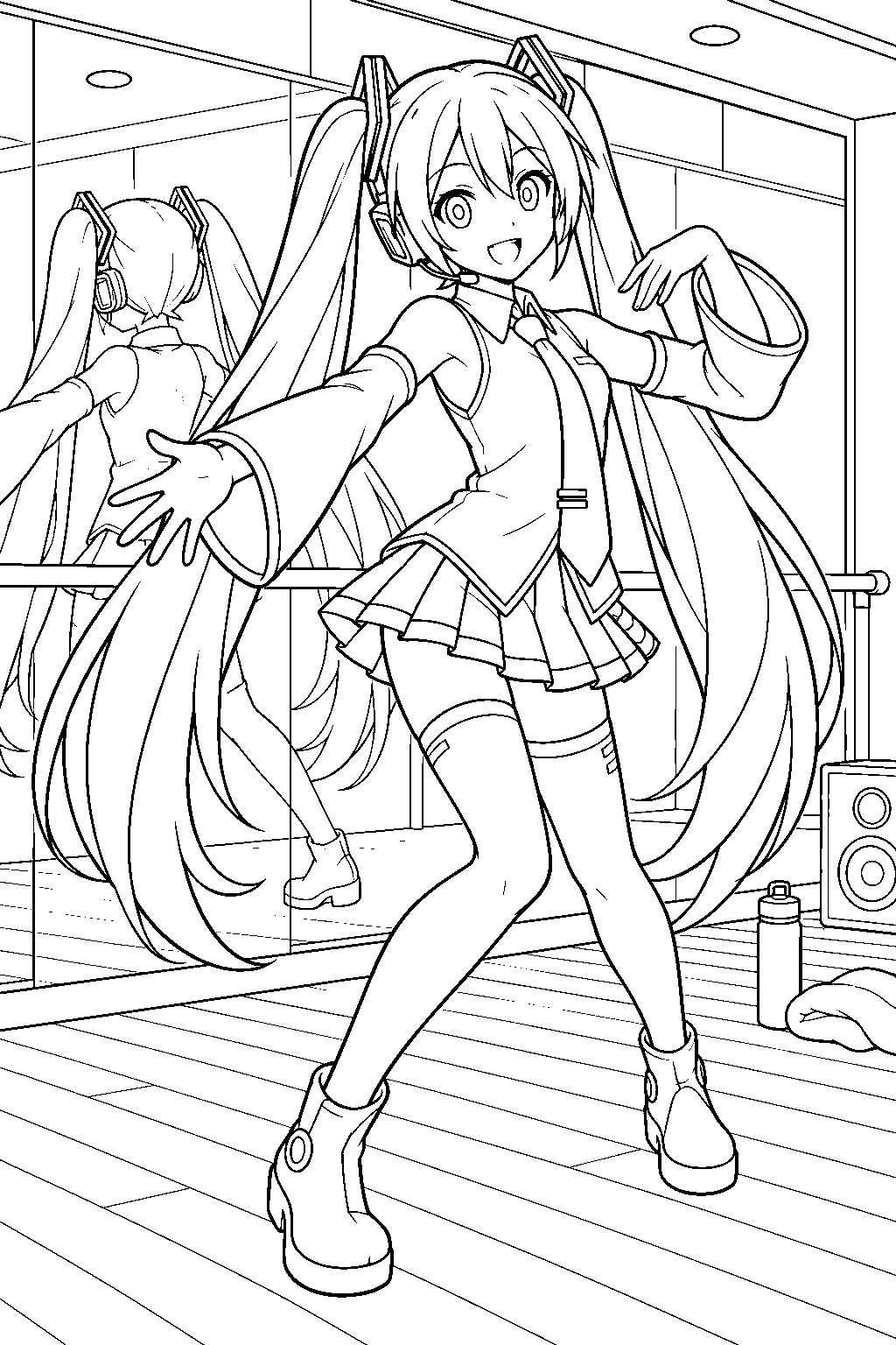 hatsune miku practicing dance steps in a mirrored rehearsal studio line art