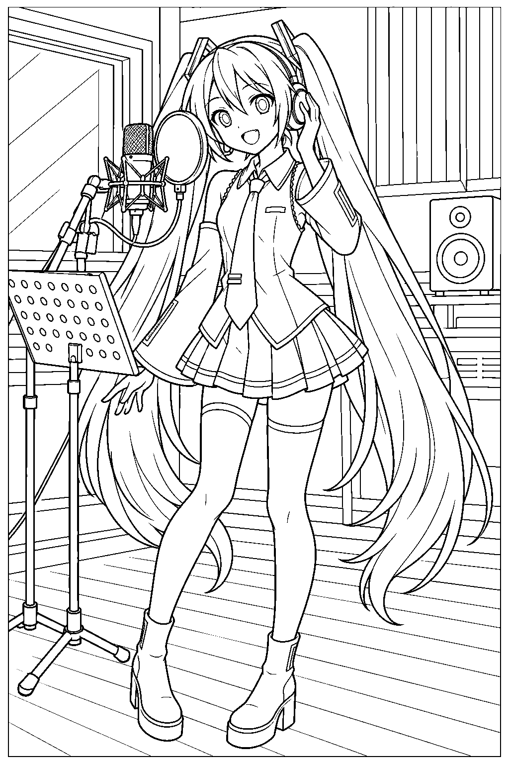 hatsune miku recording a song with headphones and a pop filter in a music studio line art