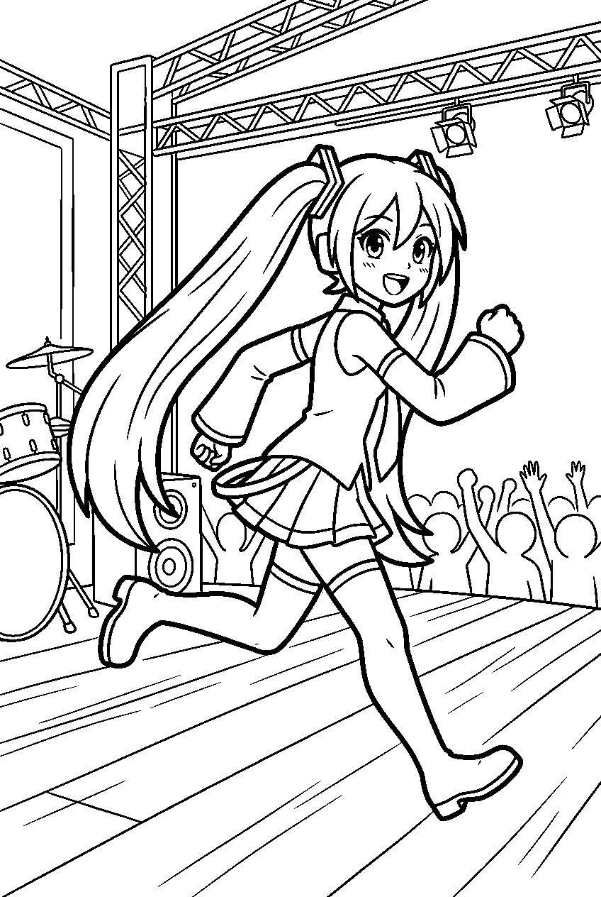 hatsune miku running on concert stage line art