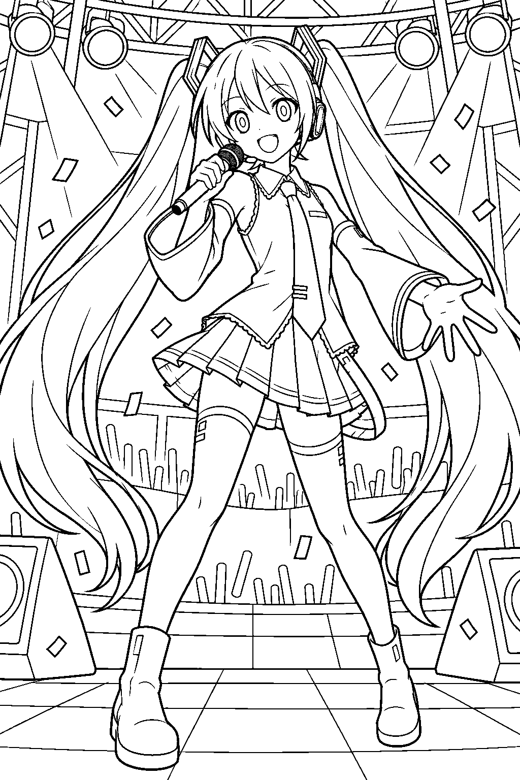 hatsune miku singing into a microphone on a concert stage in her classic outfit line art