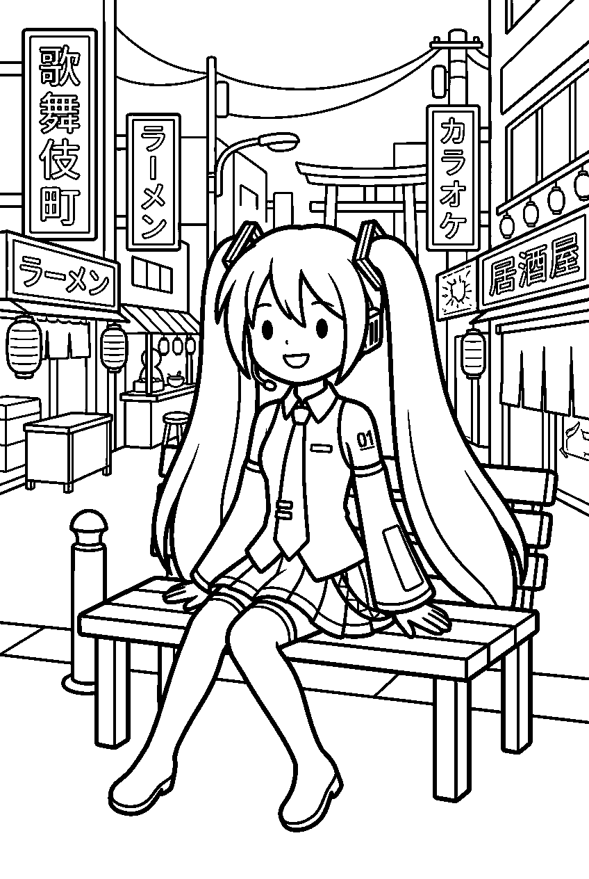 hatsune miku sitting in entertainment district line art