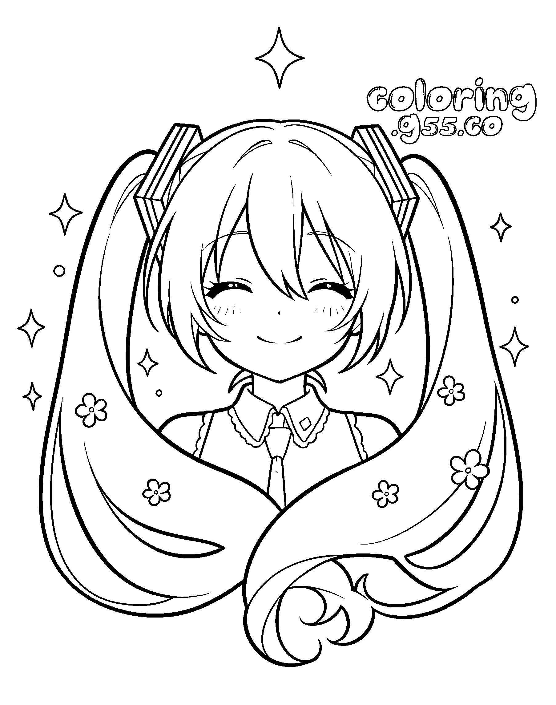 hatsune miku smiling sparkles line art for kids
