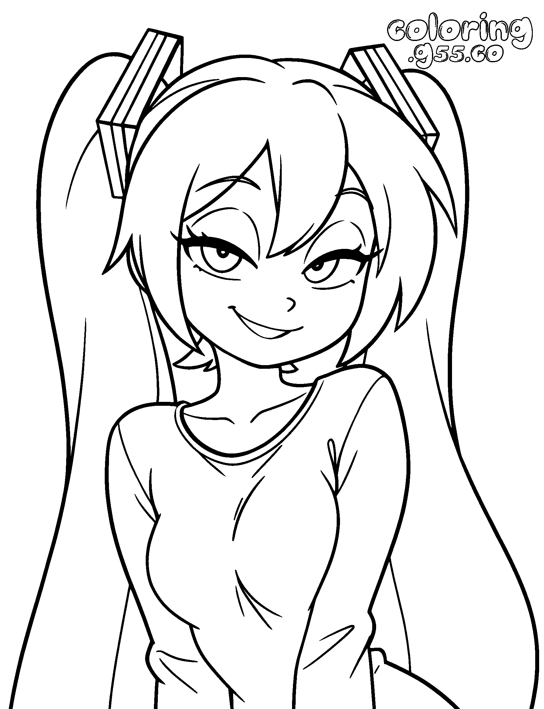 hatsune miku smirking anime portrait line art for kids