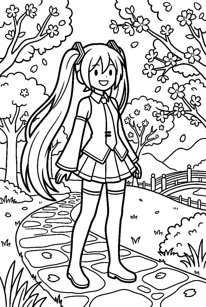 hatsune miku standing in cherry blossom park line art