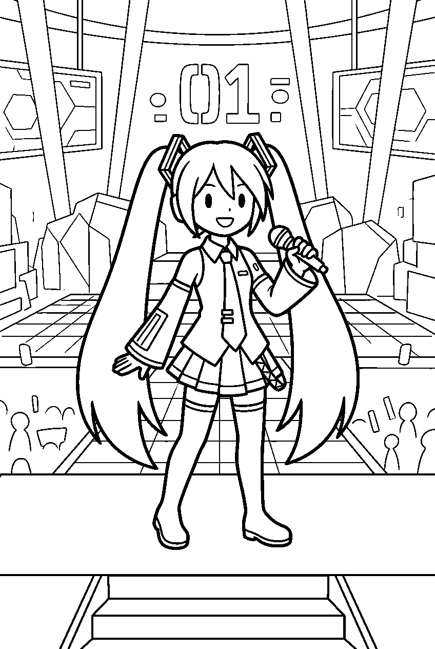 hatsune miku standing in digital concert hall line art