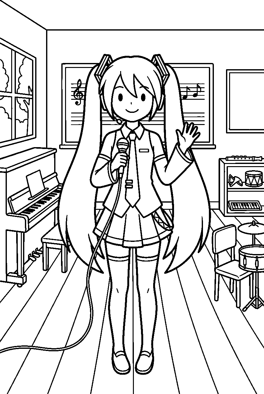 hatsune miku standing in music classroom line art