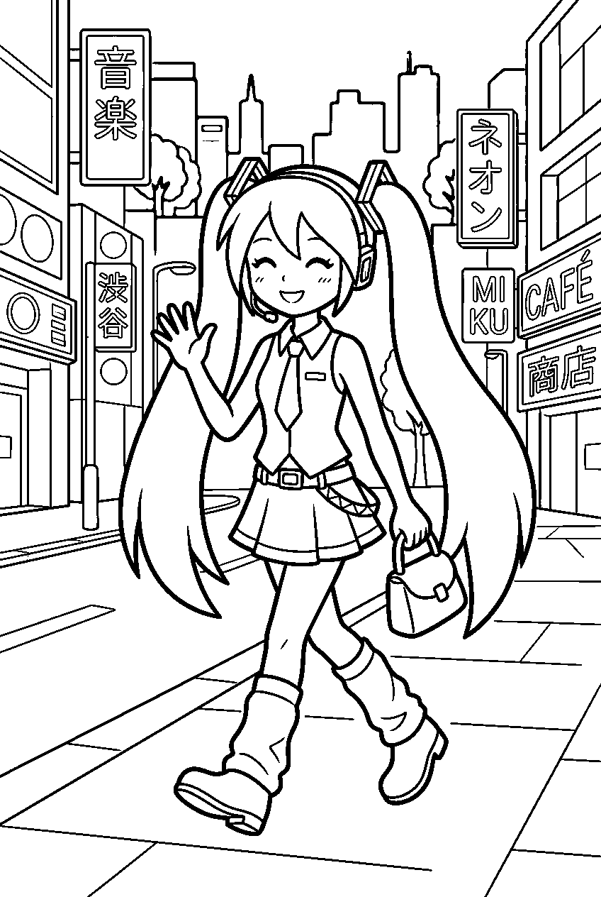 hatsune miku walking in neon city line art