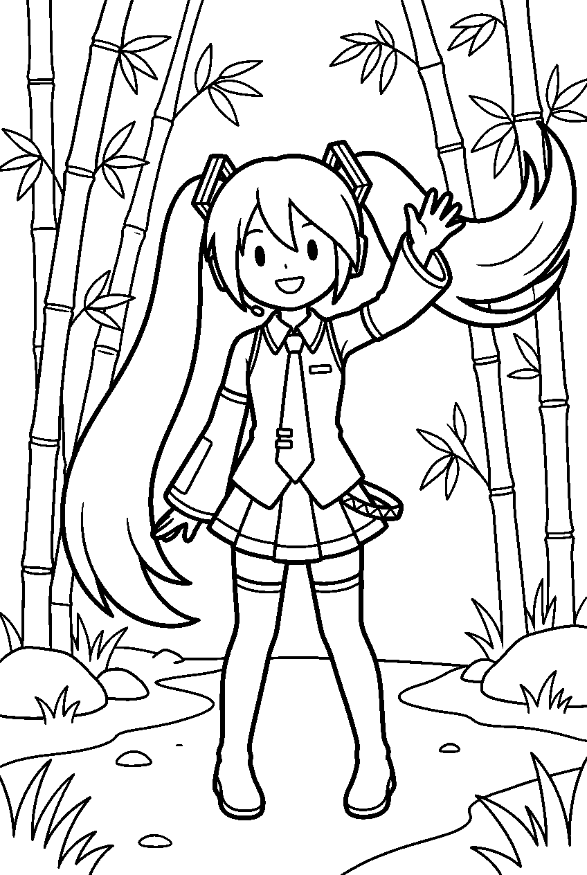 hatsune miku waving in bamboo grove line art