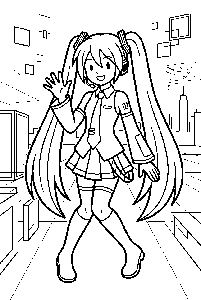 hatsune miku waving in digital world line art