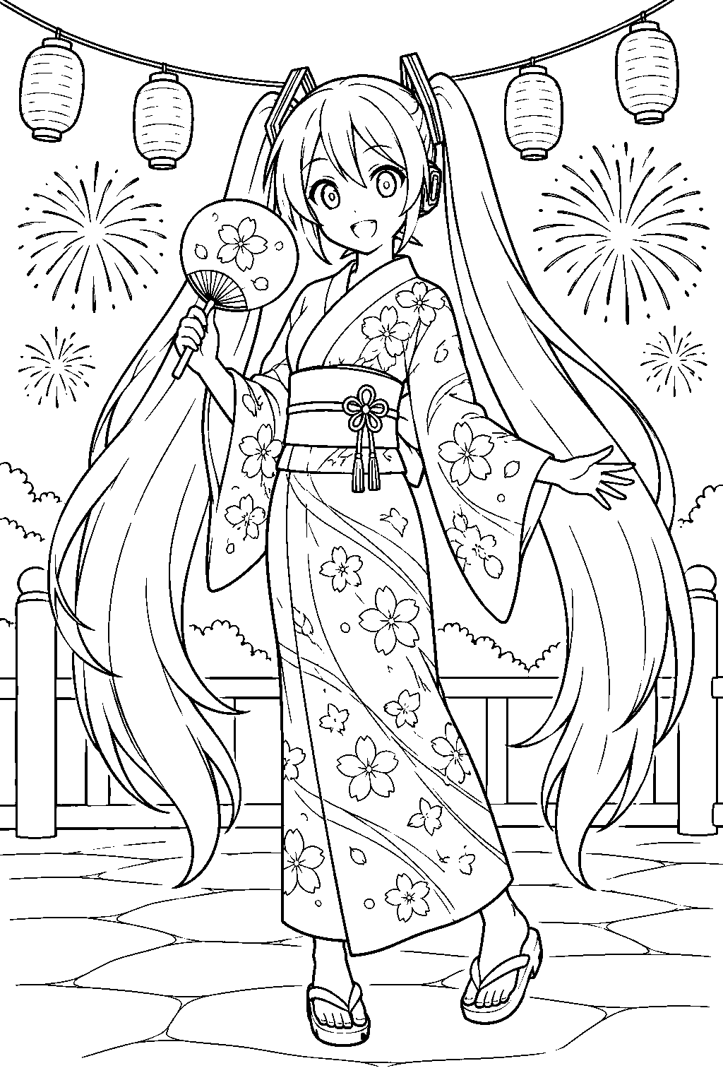 hatsune miku wearing a festival yukata beneath lanterns and fireworks line art