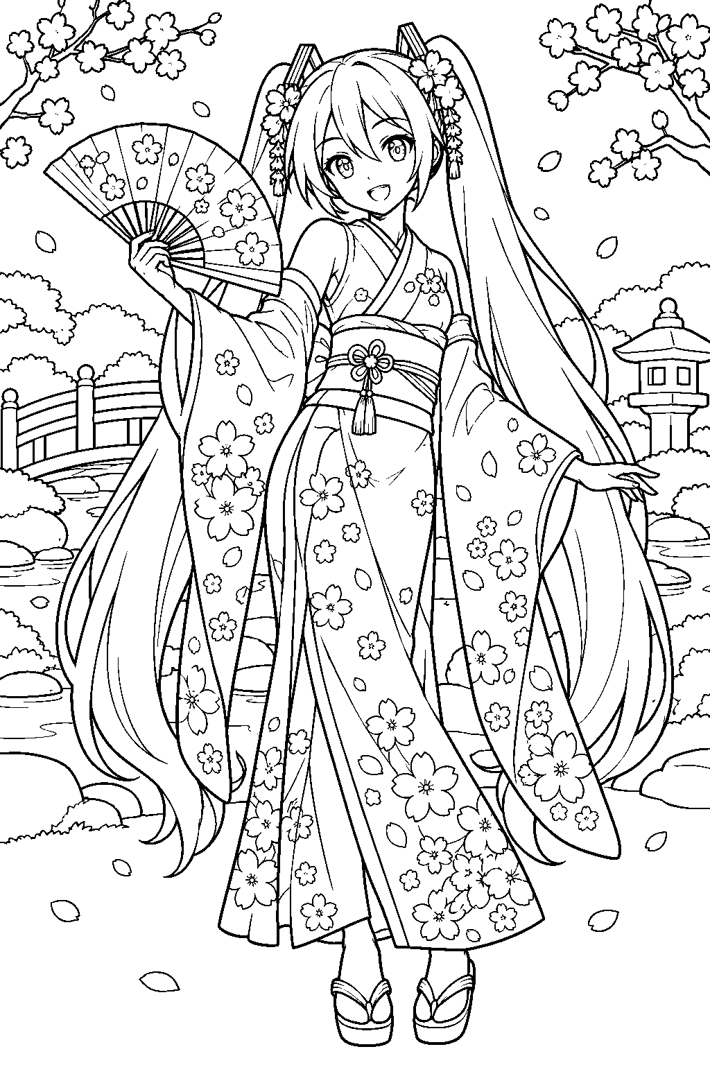 hatsune miku wearing a floral kimono and opening a folding fan in a japanese garden line art